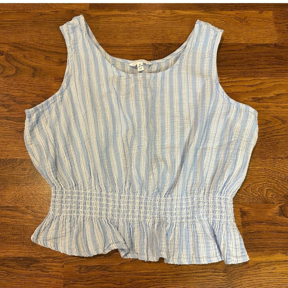 Time and Tru Smocked Peplum Tank Top Women’s XL Blue White Stripe 100% Cotton